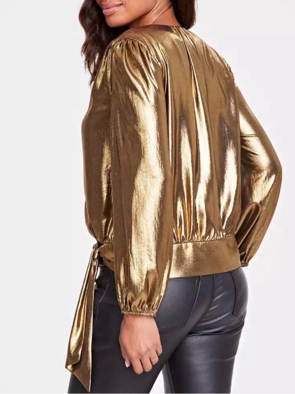 INC International Concepts Gold Metallic Tie Waist Blouse Large NWT - Picture 2 of 7